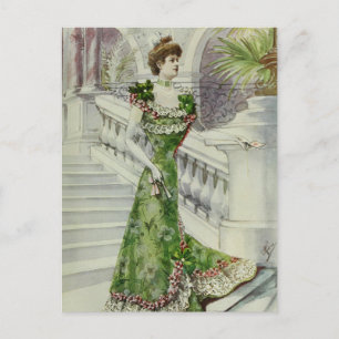 Postal Dama victoriana - Vintage francés de moda-verde