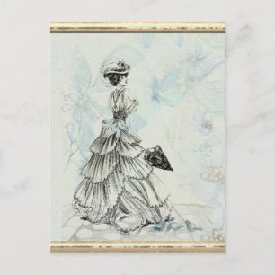 Postal Dama Vintage De bonito Y Flores Azules