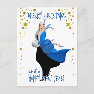 Postal Dama vintage de Navidad saludo de Feliz Navidad