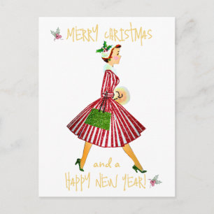 Postal Dama vintage de Navidad saludo de Feliz Navidad