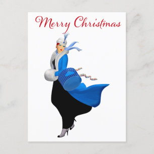 Postal Dama Vintage en Navidades azules saluda