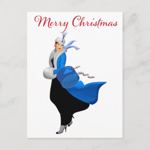 Postal Dama Vintage en Saludo de Navidad Azul