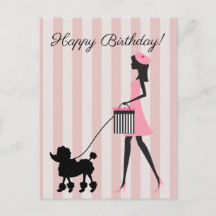 Postal Dama vintage paseando caniche negro Feliz Cumpleañ