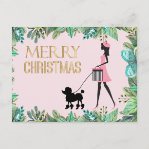 Postal Dama vintage paseando caniche negro Feliz Navidad