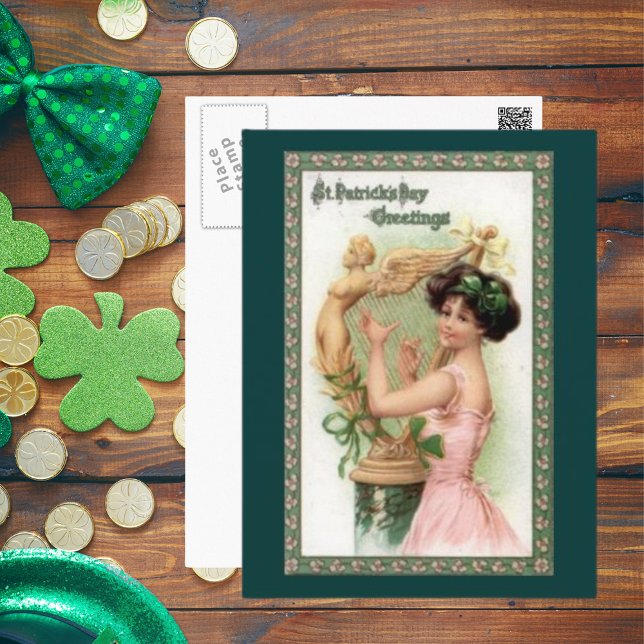 Postal Dama y arpa del Día de San Patricio (Vintage St. Patrick's Day Lady and Harp Postcard)