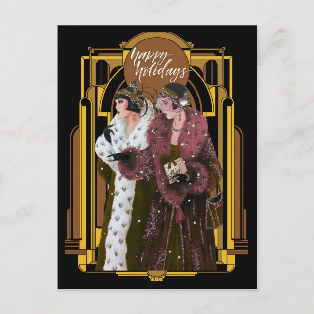 Postal Damas Art Déco Retro de Navidad (Anverso)