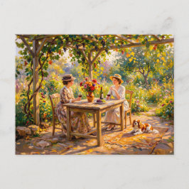 Postal Damas compartiendo vino bajo pérgola de jardín