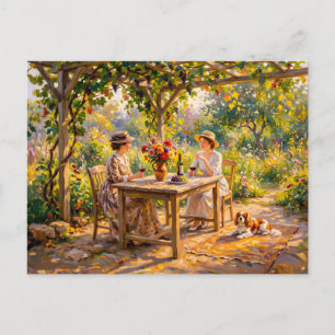 Postal Damas compartiendo vino bajo pérgola de jardín