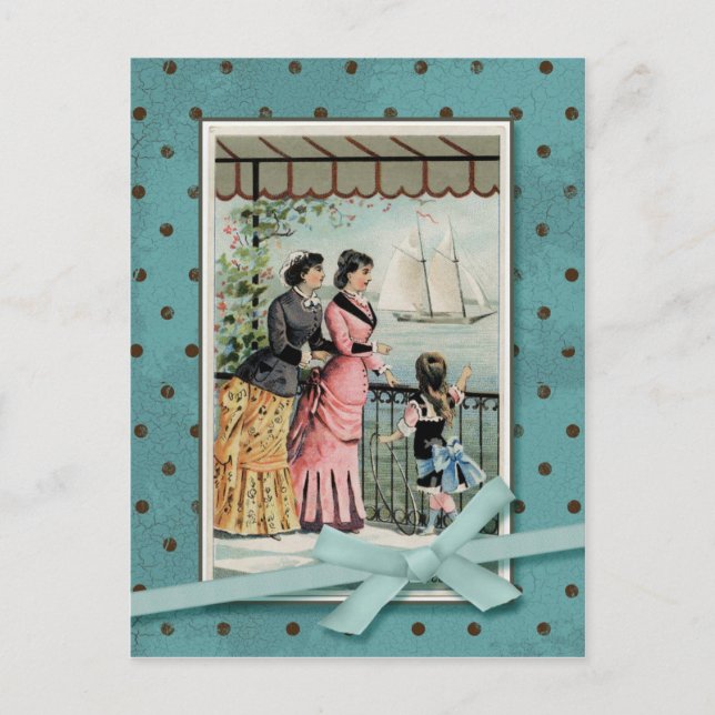 Postal Damas victorianas y Chica reproducción de cosechas (Anverso)