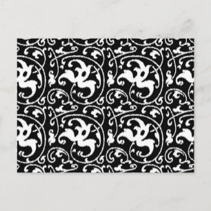 Postal Damasco con flores de Ikat - Blanco y negro