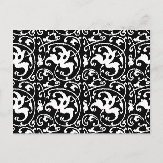 Postal Damasco con flores de Ikat - Blanco y negro (Anverso)