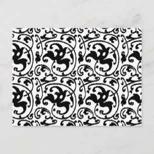 Postal Damasco con flores de Ikat - Blanco y negro