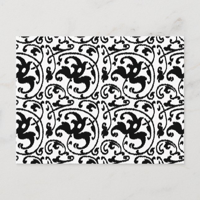 Postal Damasco con flores de Ikat - Blanco y negro (Anverso)