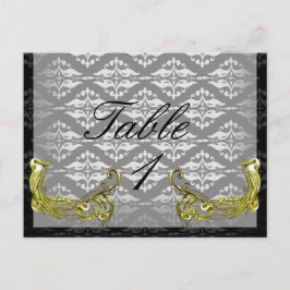 Postal Damasco de Ilustracion de pavo real dorado en núme