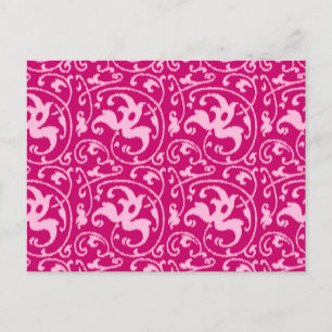 Postal Damasco floral de Ikat - Fuchsia y rosa pálido