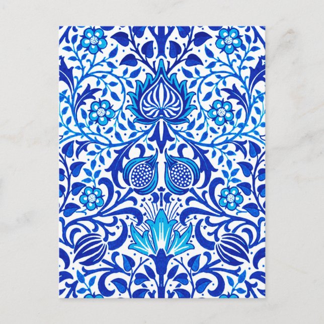 Postal Damasco floral jacobino, azul cobalto y blanco (Anverso)