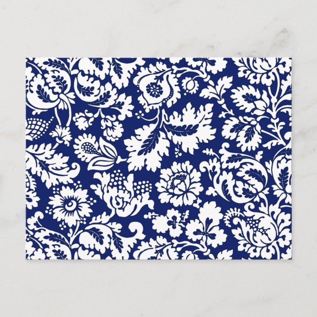 Postal Damasco floral William Morris, azul cobalto y blan (Anverso)