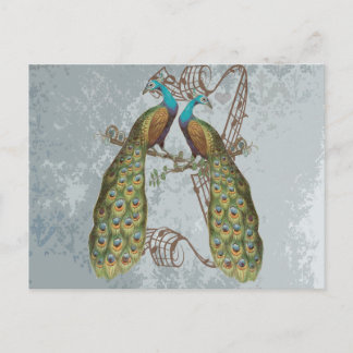 Postal Damasco vintage de pavo real con plata