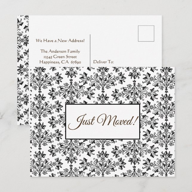 Postal Damask Floral Editable Negro Sobre Blanco Acaba De (Anverso / Reverso)