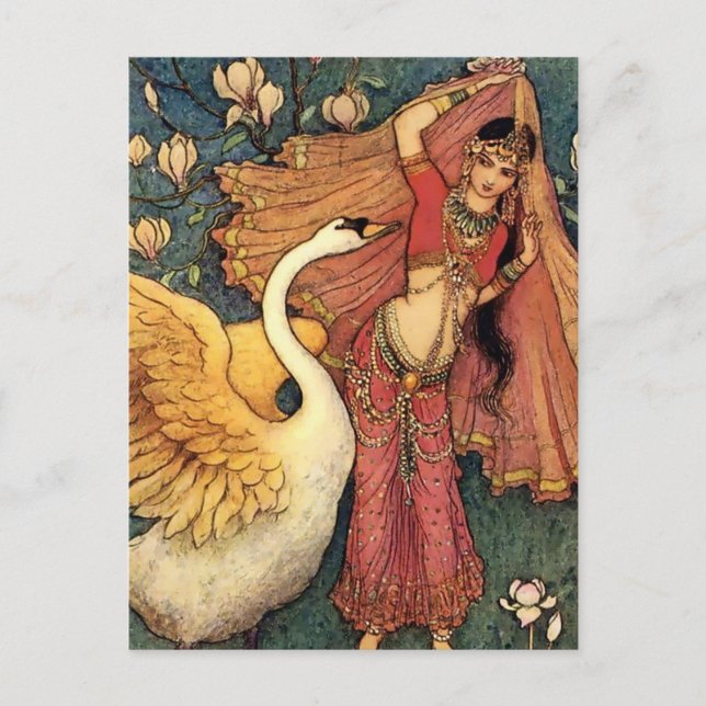 Postal "Damayanti y el cisne" por Warwick Goble (Anverso)