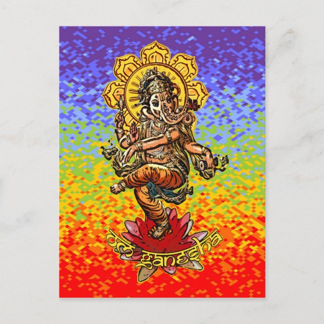 Postal DANCING GANESHA | colores de chakren (Anverso)