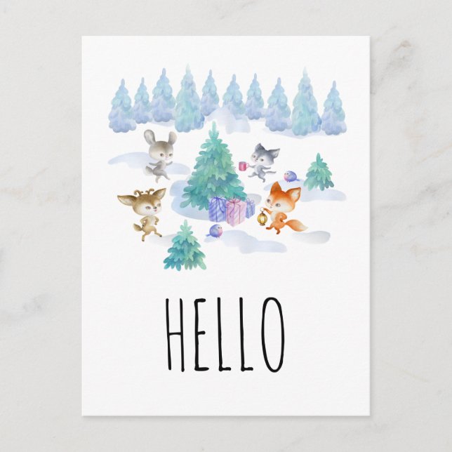 Postal Dancing Woodland Animals Watercolor Hola (Anverso)