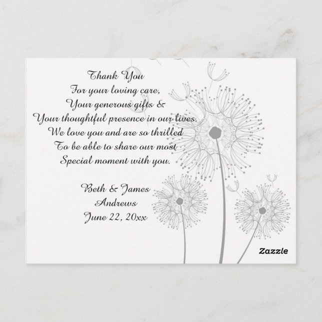 Postal Dandelion Blossoms Vines Bridal Gracias Cartas (Reverso)