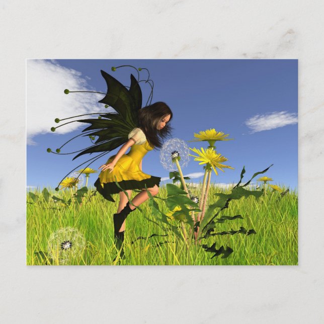 Postal Dandelion Fairy con antecedentes de primavera (Anverso)
