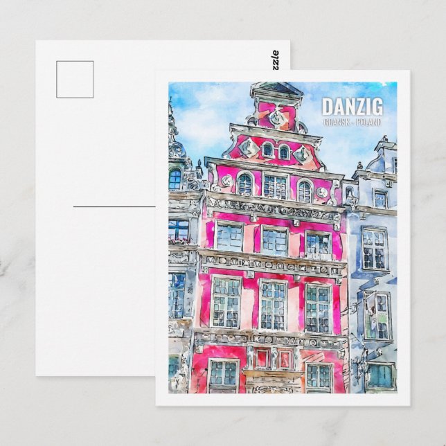 Postal Danzig Gdansk Polonia Viaja Sketch de acuarela (Anverso / Reverso)