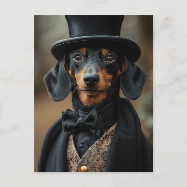 Postal Dapper Dachshund con elegante atuendo victoriano (Anverso)