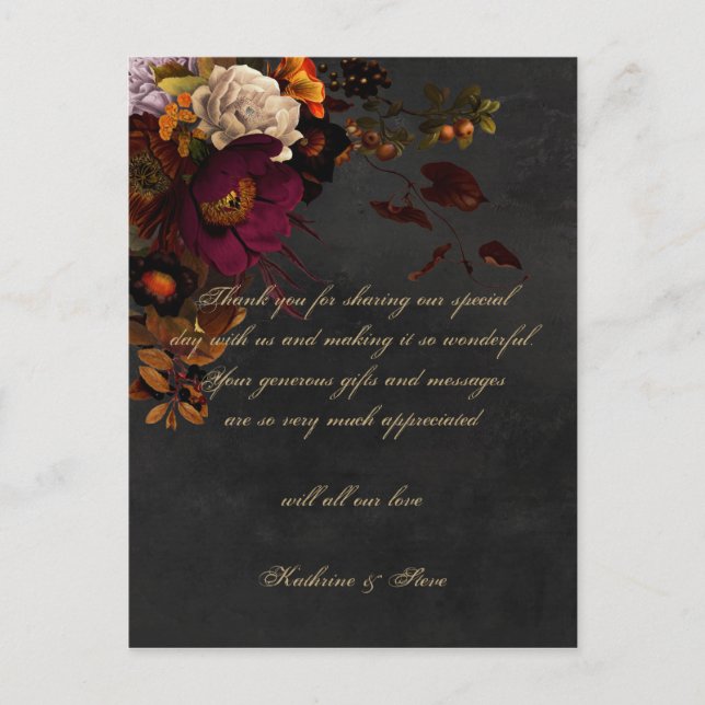 Postal Dark Moody Boda Floral Gracias Cartas Postcard (Anverso)
