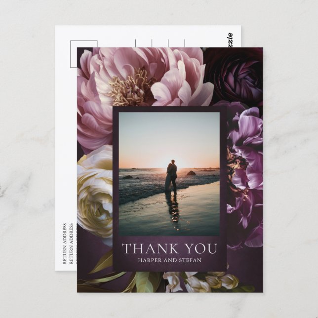 Postal Dark Purple Fine Art Floral Wedding Thank You (Anverso / Reverso)