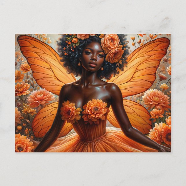 Postal Dark-Skinned Fairy With Afro - Orange Floral (Anverso)
