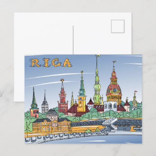 Postal Daugava Riga Letonia Ilustracion Viaje