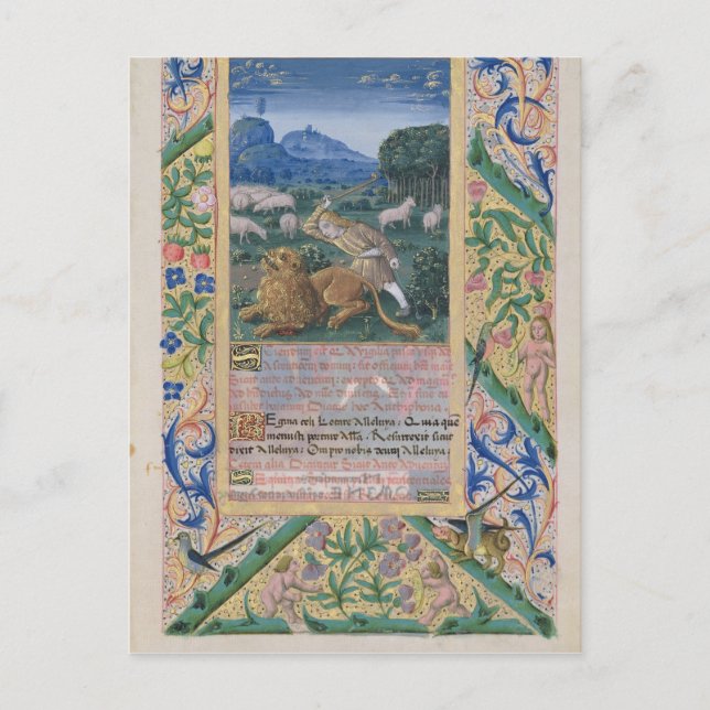 Postal David defendiendo las ovejas de su padre contra un (Anverso)