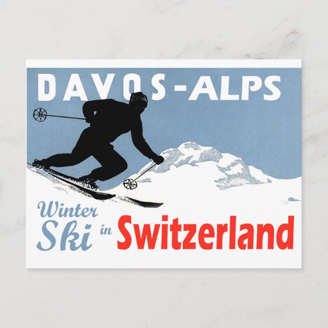 Postal Davos - Alpes, esquí de invierno en Suiza, cosecha (Anverso)