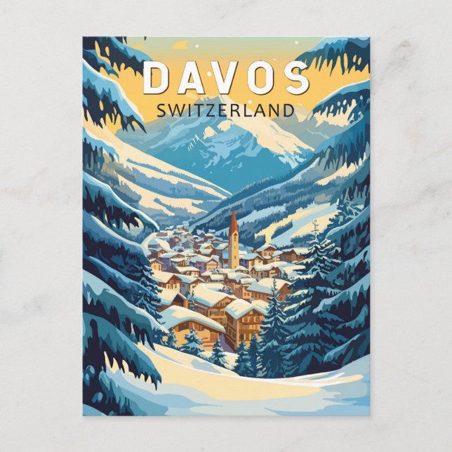 Postal Davos Suiza Viajes Arte Vintage (Anverso)
