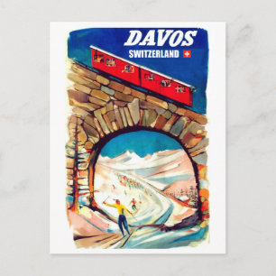 Postal Davos, teleférico rojo en el puente, Suiza