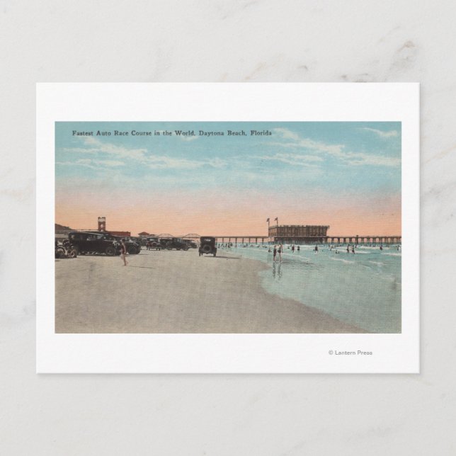 Postal Daytona, FL - Vista de la playa con coches y coche (Anverso)