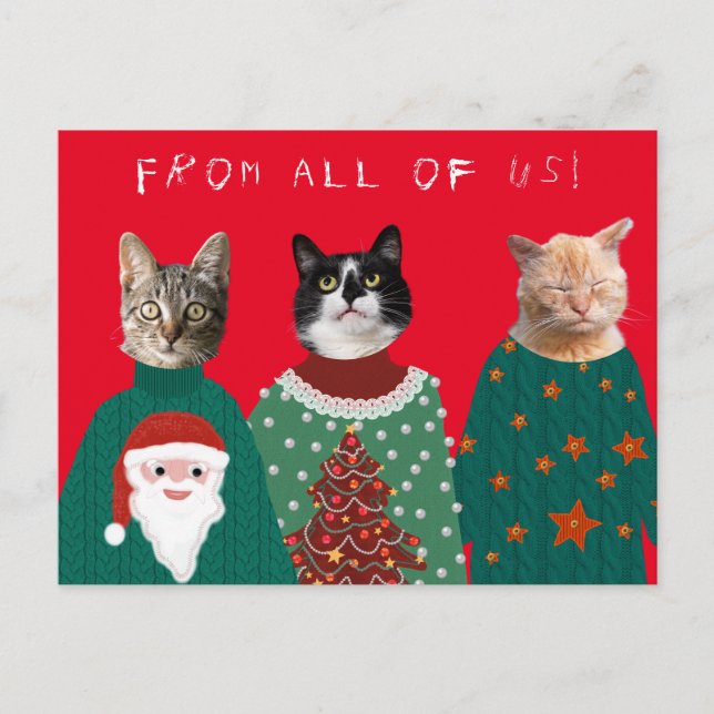 Postal de 3 gatos con Navidades feos y sudaderas (Anverso)