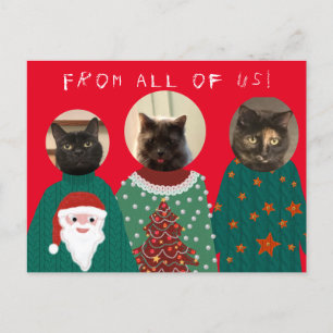 Postal de 3 gatos con Navidades feos y sudaderas