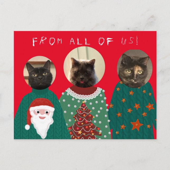 Postal de 3 gatos con Navidades feos y sudaderas (Anverso)