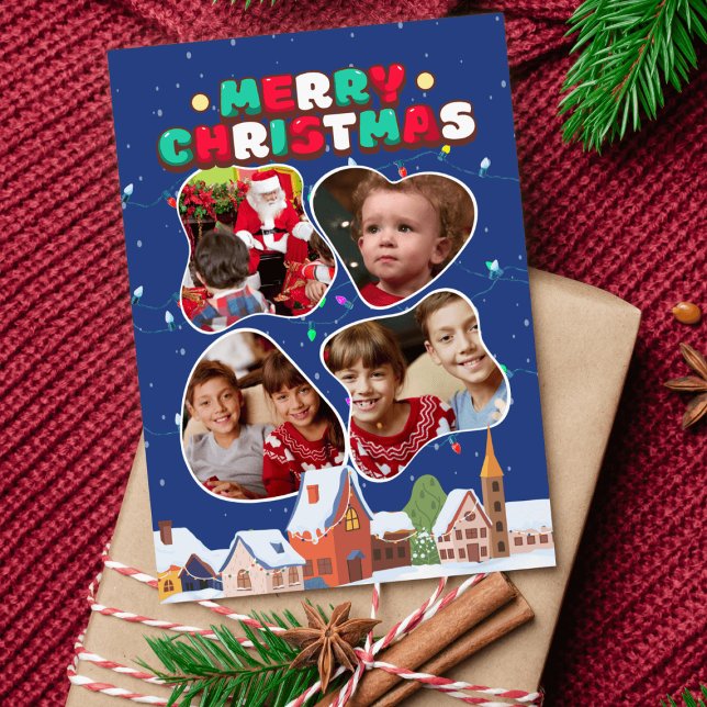 postal de 4 Navidades de collage de cuadros abstra (4 photos abstract frame collage Christmas postcard on a Christmas present)