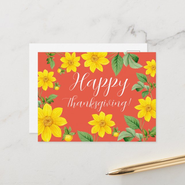 Postal de acción de gracias feliz de flores (Anverso/Reverso In Situ)
