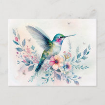 Postal de acuarela de colibrí y flores silvestres