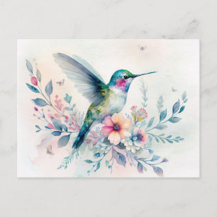 Postal de acuarela de colibrí y flores silvestres