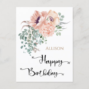 Postal de acuarela floral feliz cumpleaños