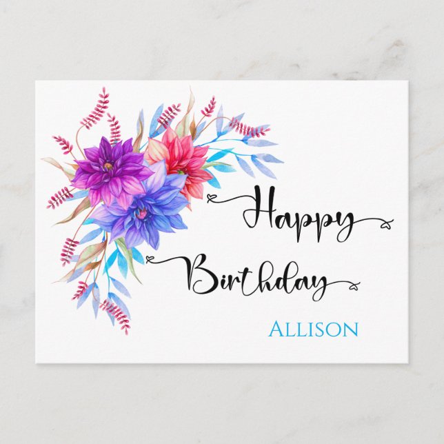 Postal de acuarela floral feliz cumpleaños (Anverso)