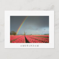 Postal de Amsterdam con arco iris, tulipanes y mol