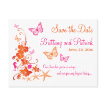 Postal de anuncio de fecha de playa tropical rosa